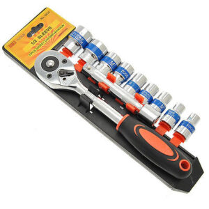 SERIE KIT 11 PZ CHIAVE CRICCHETTO REVERSIBILE 1/2 CON SET BUSSOLE ESAGONALI CR-V