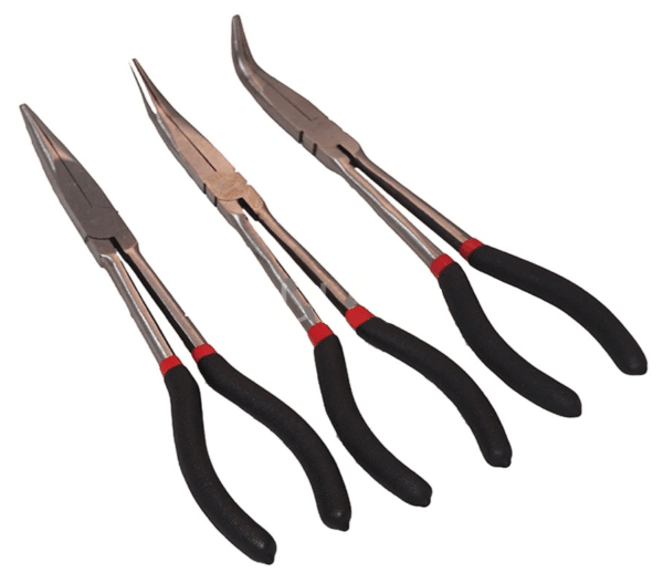 TRIS PINZE EXTRA LUNGA 28 cm MECCANICO BECCO CURVO DRITTO 0ﾰ 45ﾰ 90ﾰ LUNGHE