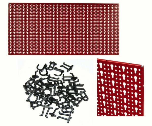 KIT PANNELLO FORATO PORTA ATTREZZI UTENSILI LAVORO MURO PARETE ROSSO GANCI MISTI