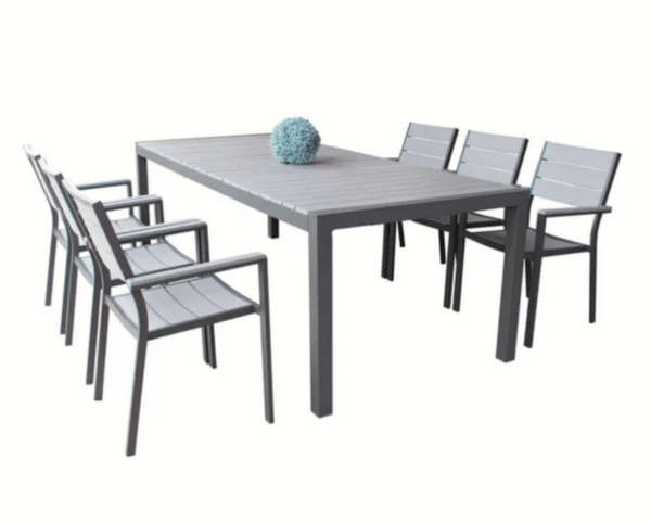 SET TAVOLO RETTANGOLARE E SEDIE GIARDINO RESINA EFFETTO LEGNO GRIGIO ESTERNO VE