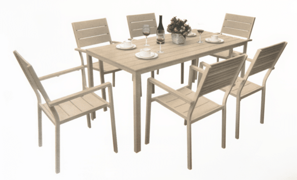 SET TAVOLO RETTANGOLARE E SEDIE GIARDINO RESINA EFFETTO LEGNO BEIGE ESTERNO VE