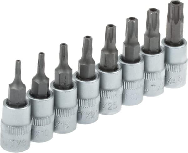 SET CHIAVI BUSSOLA BUSSOLE TORX 8 PZ TX8 TX40 ATTACCO 1/4" 37 MM CON FORO 881sa
