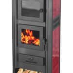 STUFA A LEGNA ACCIAIO VETRO 12 KW CON PORTALEGNA FORNO cm 48x42x117 ROSSO 170ro