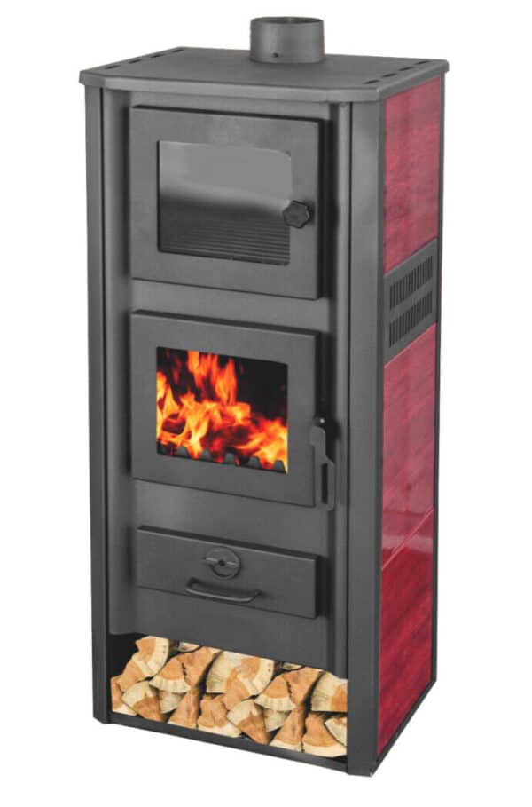 STUFA A LEGNA ACCIAIO VETRO 12 KW CON PORTALEGNA FORNO cm 48x42x117 ROSSO AMB654