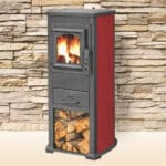 STUFA A LEGNA GHISA VETRO 7 KW CAMINO CON PORTALEGNA cm 39x48x89 ROSSA EKLX 200