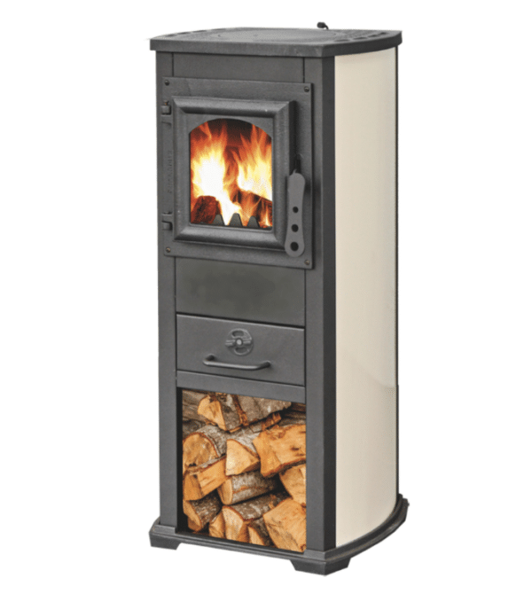 STUFA A LEGNA GHISA VETRO 7 KW CAMINO CON PORTALEGNA cm 39x48x89 BEIGE EKLX 319