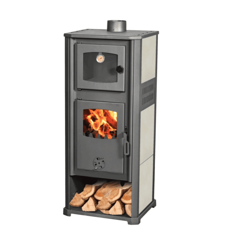 stufa beige forno STUFA A LEGNA ACCIAIO VETRO 12 KW CON PORTALEGNA FORNO cm 48x42x117 BEIGE 248ro - immagine 1