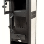 STUFA A LEGNA ACCIAIO VETRO 12 KW CON PORTALEGNA FORNO cm 48x42x117 BEIGE RO248