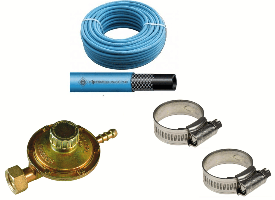 KIT TUBO GAS 2 METRO VALVOLA REGOLATORE 2 FASCETTE KIT TUBO GAS METANO BOMBOLA 2 MT PER FORNELLONE + REGOLATORE VALVOLA + 2 FASCETTE - immagine 1