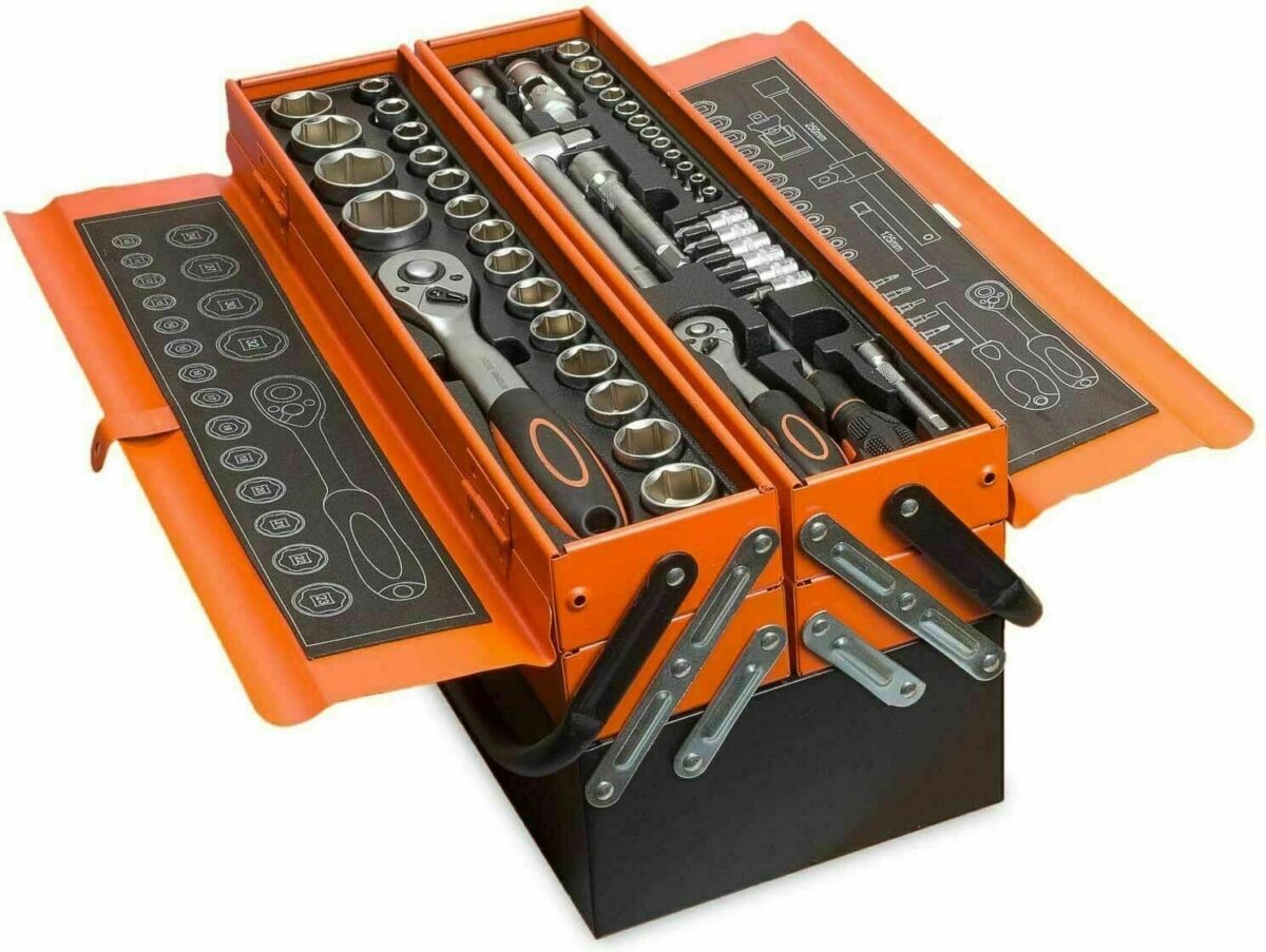 CASSETTA VALIGETTA ATTREZZI 5 SCOMPARTI 85 PZ UTENSILI CHIAVI PINZE CRICCHETTI A - immagine 3