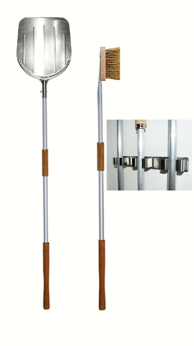 pale pizza + sipporto parete 1 KIT SET PALE PIZZA PIZZE FORNO A LEGNA PALA Q.+ SPAZZOLA P.+ SUPPORTO A MURO 3PZ - immagine 1