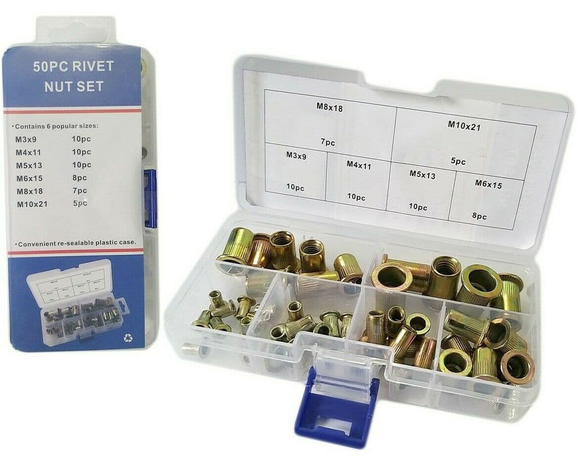 rivetti.jpg SET 50 PZ RIVETTI BORCHIE FILETTATI RIVETTATRICE IN RAME INSERTI M3 M4 M5 M6 M8 M10 - immagine 1