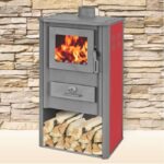 STUFA A LEGNA ACCIAIO VETRO 9 KW CON PORTALEGNA CAMINO cm 48x44x94 ROSSO og029