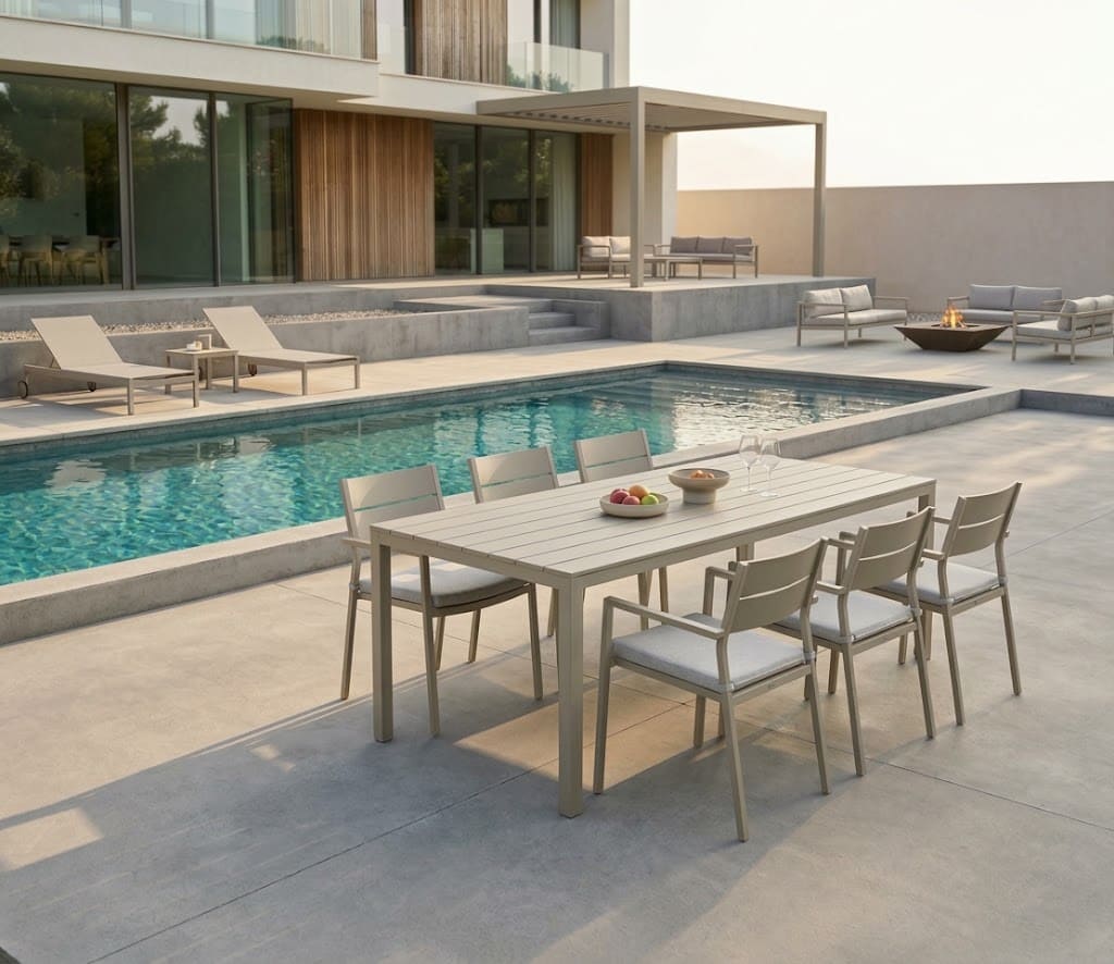 tavolo beige effetto legno giardino esterno Tavolo rettangolare polipropilene da esterno giardino effetto legno beige cm 156x78x74 h 030ds - immagine 1